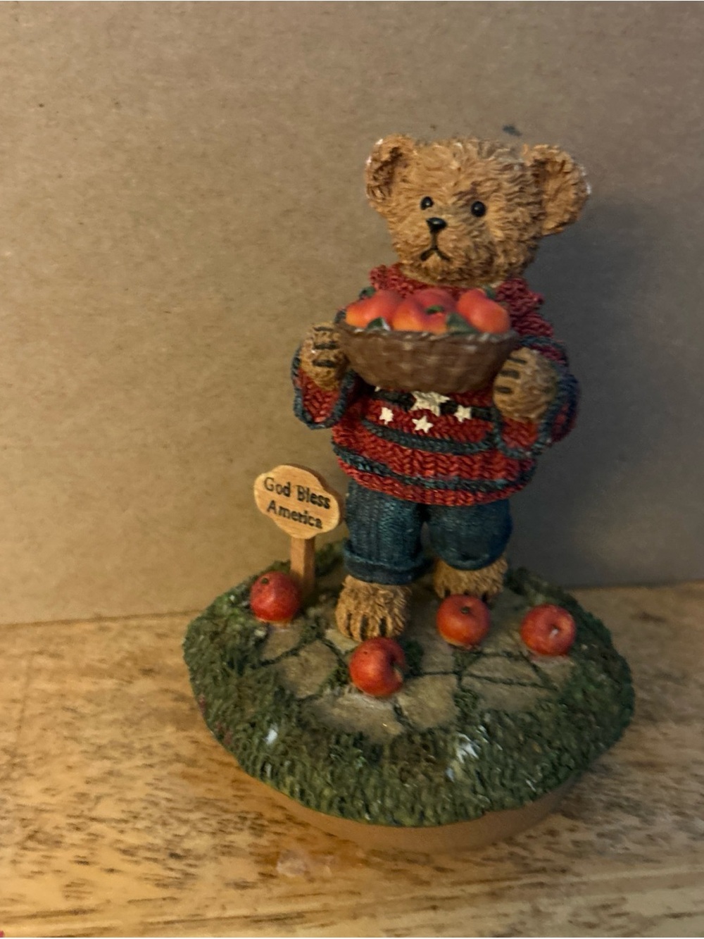 Home Interiors Teddy Bear candle Topper Holding Apples - Red Sweater, Blue Jeans